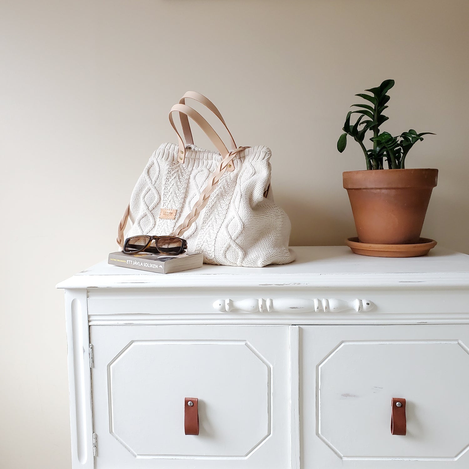 Handmade cozy knit bag with leather straps made with upcycled materials