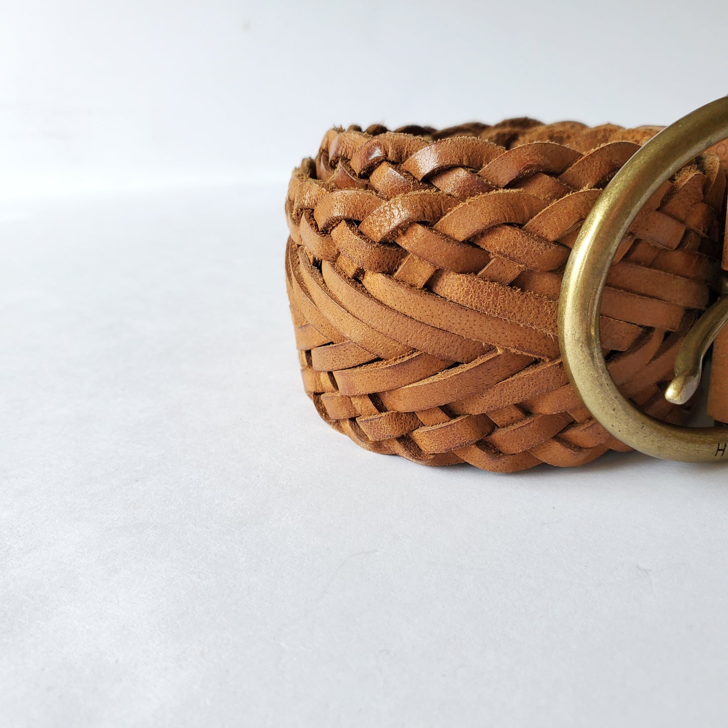 Braided leather belt - cognac