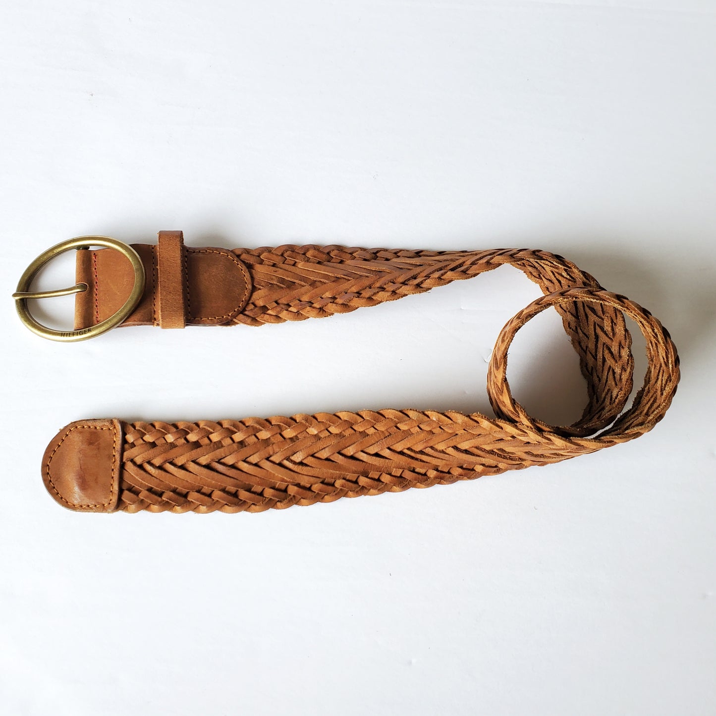 Braided leather belt - cognac