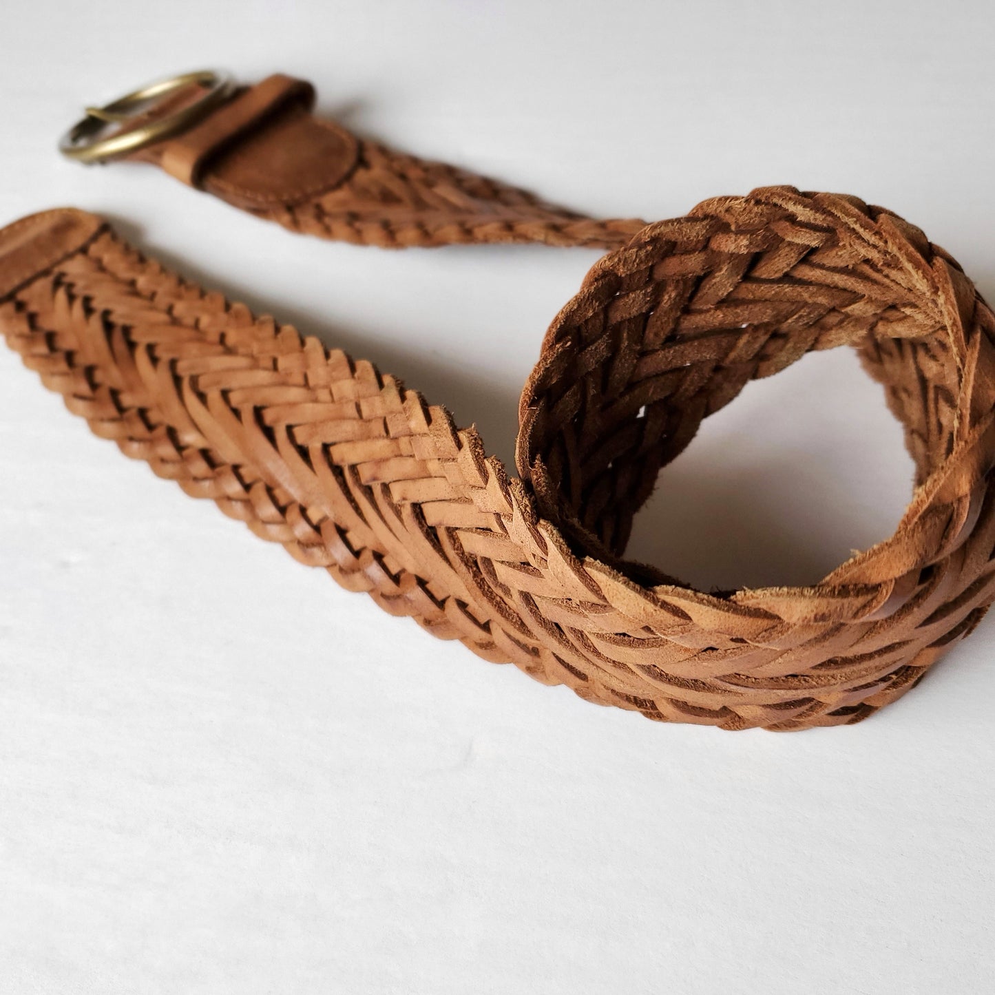 Braided leather belt - cognac