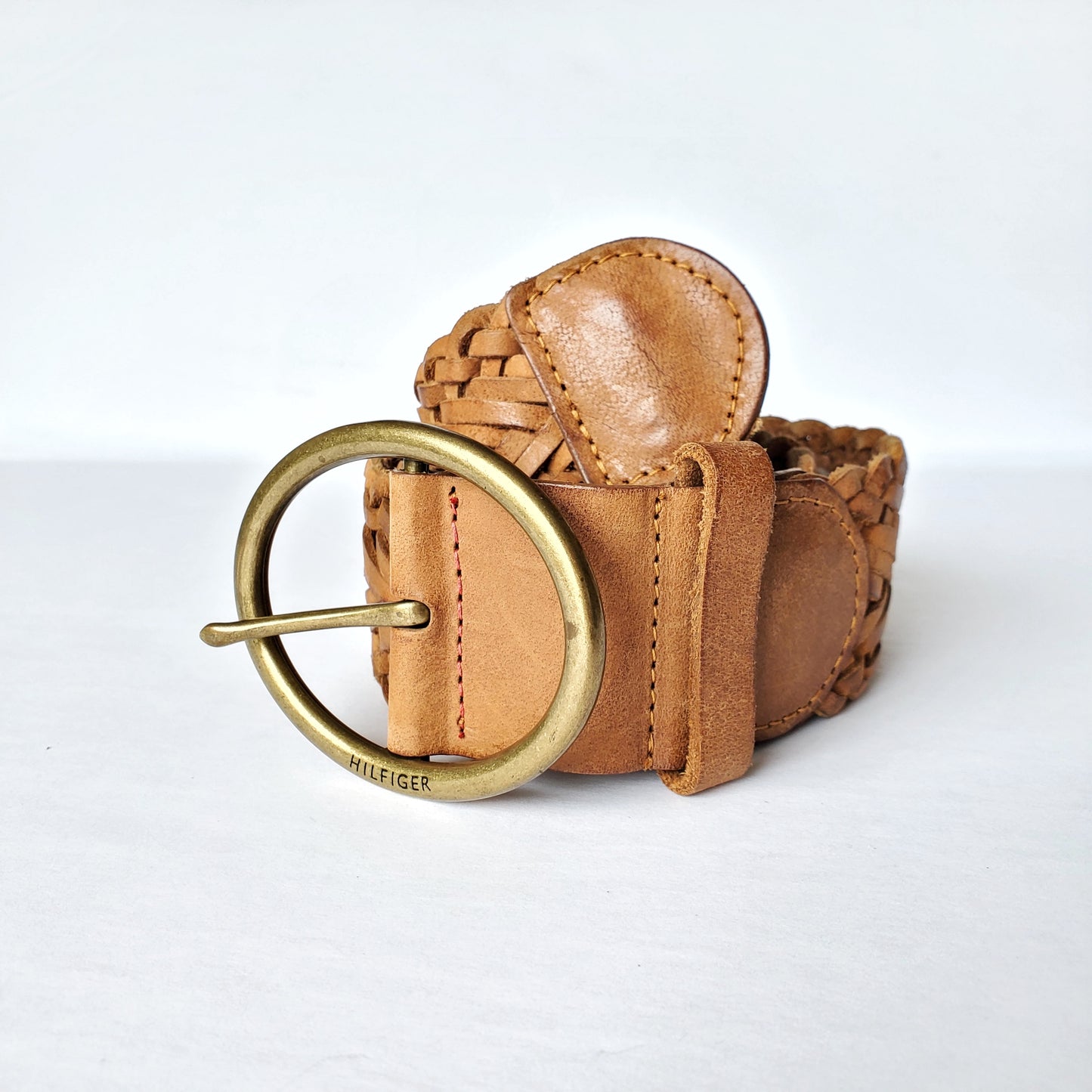 Braided leather belt - cognac